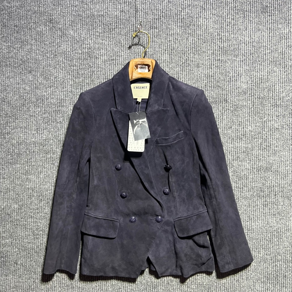 L'AGENCE Kenzie Blazer Womens 2 Midnight Blue Suede Double Breasted Goat Leather